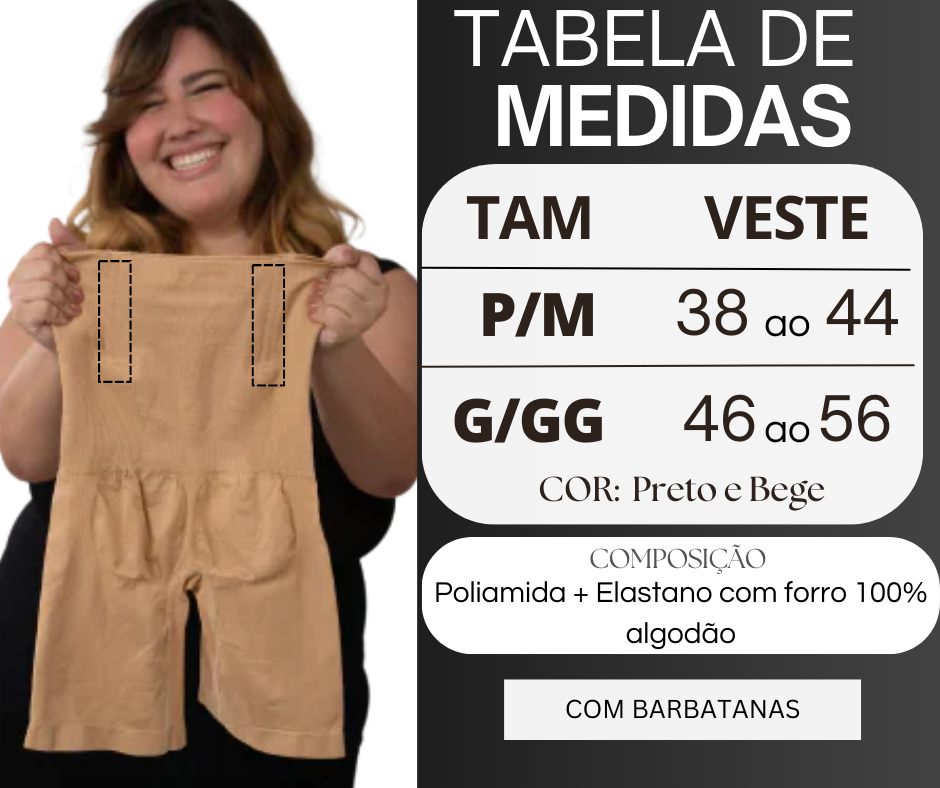 Tabela de medidas do Short Cinta Modelador: P/M veste do 38 ao 44 e G/GG veste do 46 ao 56